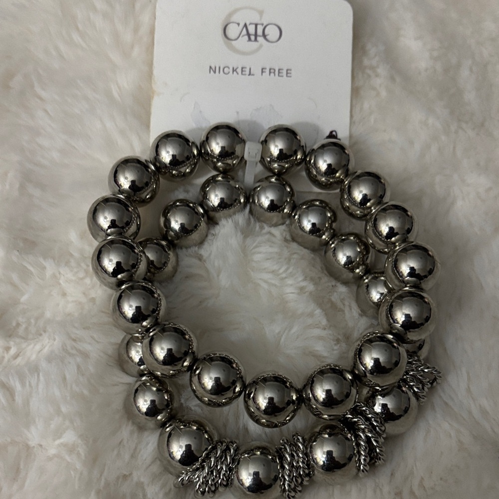 Cato Silver Beaded Stretch Bracelet Set with Chain Accents